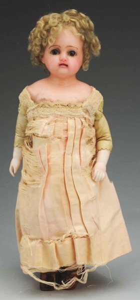 Charming German Wax Child Doll.: Shoulder head with sleeping eyes, stroked eyebrows, painted upper and lower eyelashes, open mouth with upper teeth, rosy cheeks (nose snubbed), original mohair wig; original kid body with bisque lower