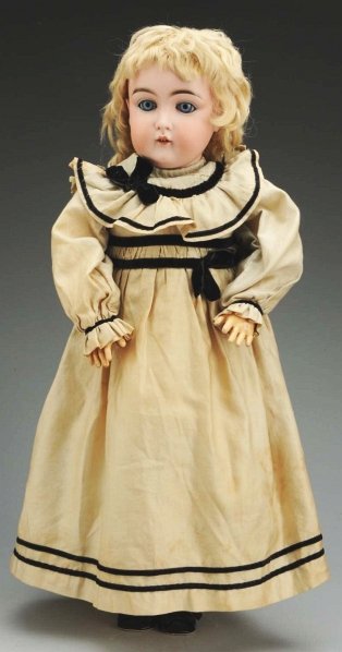 Lovely German Bisque Child Doll.: Socket head incised “H made in Germany 12 152” by J.D. Kestner with multi-stroked eyebrows, sleeping eyes, open mouth, plaster pate, original blonde mohair wig; original composition body with orig
