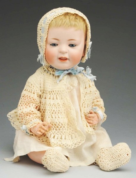 Winsome German Bisque Character Doll.: Socket head incised “211 JDK” for J.D. Kestner, feathered light eyebrows, painted upper and lower eyelashes, sleeping eyes, desirable open/closed mouth, original skin wig, plaster pate; original K
