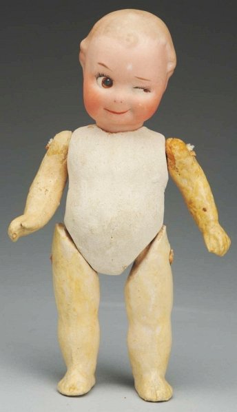 Winking Heubach Character Doll.: German bisque socket head with square mark of Gebruder Heubach (paint rub on forehead, cheek rub), winking intaglio eye, watermelon mouth, molded hair; original 5-piece papier-mâché body. Naked. Con