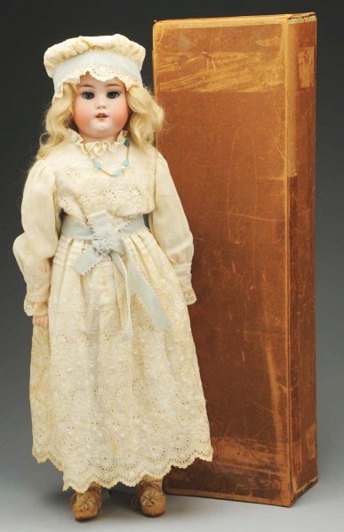 Boxed Simon & Halbig “Dainty Dorothy Doll.: Bisque shoulder head incised “Germany Simon & Halbig 1080” with lashed sleeping eyes, open mouth with upper teeth, pierced ears, original mohair wig; white kid body with rivet-jointed hips, knees 