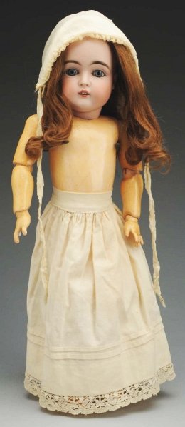 Unusual German Bisque Child Doll.: Socket head incised “F made in Germany 10 152” by J.D. Kestner with multi-stroked eyebrows, sleeping eyes, open mouth, plaster pate, original human hair wig; original jointed composition body with