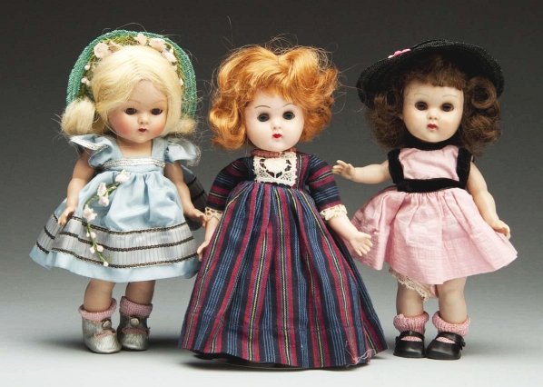 Lot of 3: Vogue “Ginny” Dolls.: Wonderful strung girl with original blonde mohair wig, painted eyelashes, sleeping eyes, pretty face color, tagged blue taffeta dress and matching panties, silver shoes, straw hat. Molded lash walker