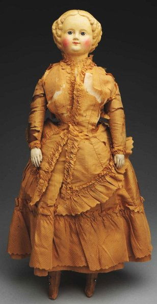 Stately Sonneberg Papier-Mâché Lady Doll.: Shoulder head with “M.S. Superior” label on the back, made by Muller & Strasburger, blonde molded curls in 1860s style, tapered eyebrows, blue painted eyes with red eyelid line and lower dotted ey