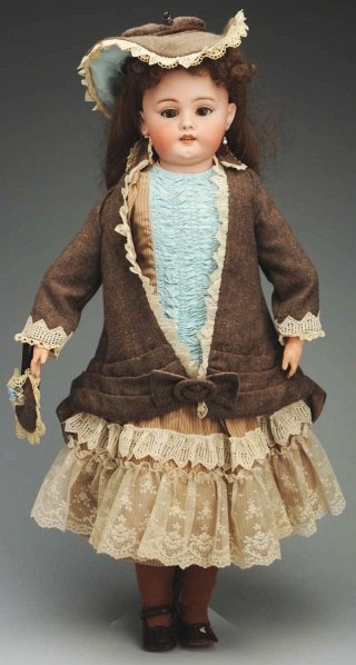 Large Simon & Halbig “Dainty Dorothy” Doll.: Bisque shoulder head (speckling) incised “Germany Simon & Halbig 1080” with sleeping eyes, open mouth with upper teeth, pierced ears, replaced wig; white kid body with rivet-jointed hips, knees an