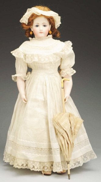 Exquisite Jumeau Portrait Lady Doll.: French Poupée peau with bisque socket head (several tiny rim flakes, ¾ “ firing line visible only on the inside), lovely blue threaded eyes, painted upper and lower lashes, mauve eye shadow, feath