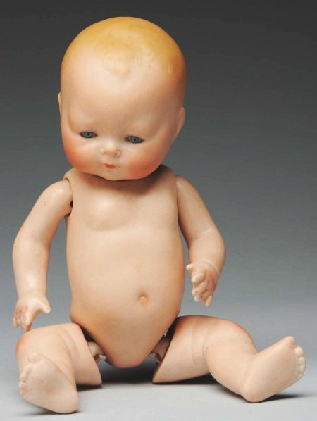 Rare Horsman “Tynie Baby” All-Bisque Doll.: Fully incised “© 1924 by E.I. Horsman Co., Inc. Germany 37. Pouting face with blue sleeping eyes, molded hair, closed mouth, broad nose, very good face modeling; all original body parts, swivel nec