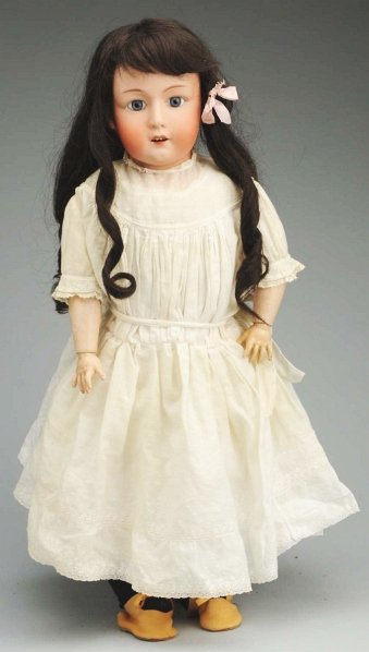 Large Heubach “Dainty Dorothy” Doll.: Bisque shoulder head incised “10633 Gebruder Heubach” (nose rub): replaced eyes, open mouth with upper teeth, replaced human hair wig; white kid body with rivet-jointed hips and knees with composi