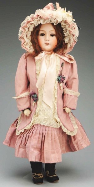 Large Heubach “Dainty Dorothy” Doll.: Bisque shoulder head incised “10633 Gebruder Heubach (cheek rub): lashed sleeping eyes, open mouth with upper teeth, original mohair wig; white kid body with rivet-jointed hips and knees with compos