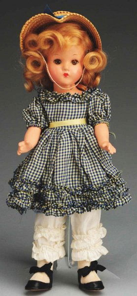 Rare Small Effanbee “Little Lady” Doll.: Unmarked all composition with perfect lashed sleeping eyes, closed mouth, original blonde mohair wig; jointed shoulders and hips; all original clothing with gold Effanbee wrist tag. Seldom find her in