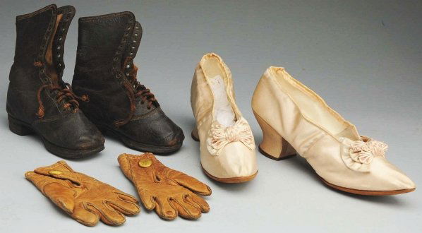 Lot of Shoes and Gloves.: Ladies silk slippers with Louis heels (minor wear), child’s black leather high top boots, child’s brown leather gloves. Condition (Good - Very Good). Size Satin Shoes: 8" L.