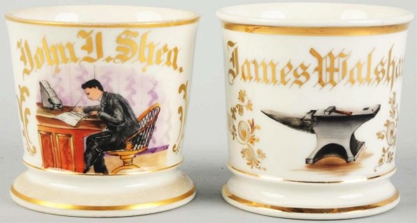 Lot of 2: Shaving Mugs.: Includes "John J. Shea" writer's mug and "James Walsham" metal smith mug. Condition (Excellent). Size Each: 3 - 1/2" T.