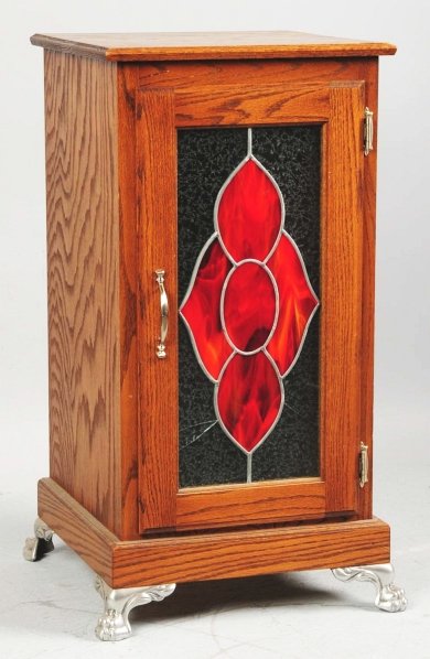 Wooden Leaded Glass Slot Machine Stand.: With aluminum feet. Leaded glass has two cracks. Condition (Very Good). Size 34" T.