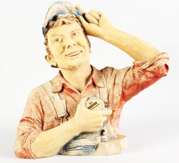 Stanley Tool Man.: 1960s. Heavy composition or plaster. Paint is faded overall and hat displays as excellent. Condition (Excellent). Size 18" T.