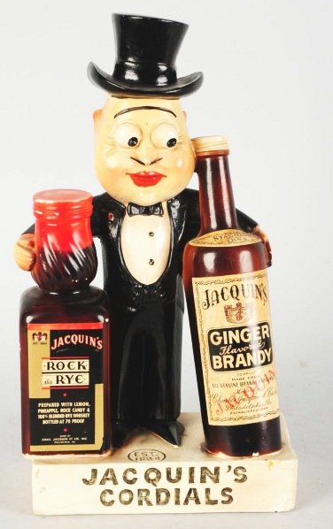 Jacquin's Cordials Plaster Advertising Man.: 1940s. Great character piece with original bottles and original paint. Condition (Excellent). Size 15" T.