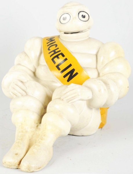 Michelin Man in Usual Sitting Position.: 1930s. Plaster. Man is larger than normally seen and will sit on a tire or shelf. Great condition and a crossover automotive piece. Condition (Excellent). Size 13" T.