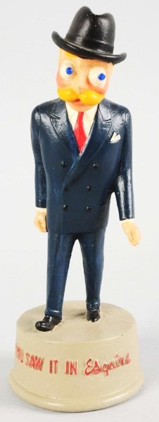 Esquire Man Advertising Figure.: 1940s. All composition figure with embossed base, "I saw it in Esquire". Highly desirable small size. All original. Condition (Excellent). Size 8 - 1/2" T.