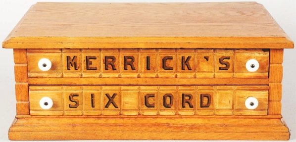 Early Merrick's Two-Drawer Spool Cabinet.: Moderate to average wear on this oak piece. Condition (Excellent). Size 15 - 1/4" x 22 - 1/2".