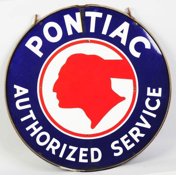 Pontiac Service Double sign in Ring Assembly.: 1930s to 1940s. Rain stains and four larger chips on one sign. Only mild stains and light wear on the other sign. Condition (Good - Excellent). Size 42 - 1/2" Dia.