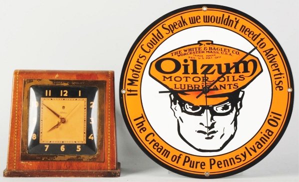 Oilzum & Bagley Clocks.: The round clock is a porcelain repro sign with battery movement and hands added. Desk clock is engraved, "To Herbert P. Bagley on his fiftieth anniversary." Can be seen in the photos of Herbert at his