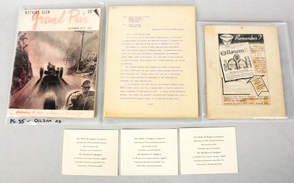 Oilzum Advertising Copy & Proof.: Lot includes several 1952 obituary cards for Herbert Bagley and a 1957 Watkins Glen program book with Oilzum ad inside. The ad proof is 1950. Condition (Very Good). Size Largest: 11" x 8 - 1/4".