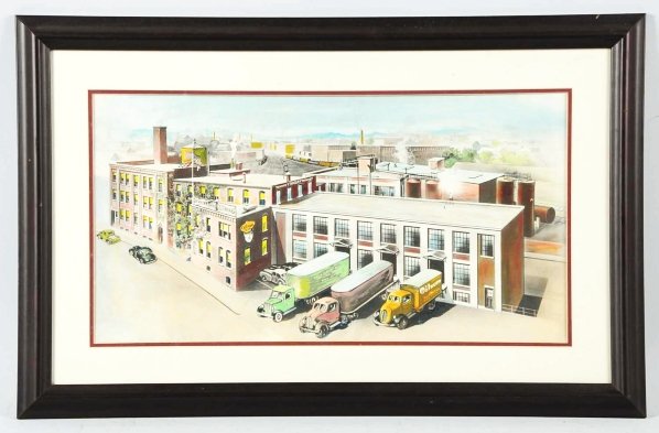 1930s Original Oilzum Factory Watercolor Artwork.: Hung in Herbert Bagley's office after being used to produce promotional ads for White and Bagley and Oilzum. Frame, clean and bright. No wear. Condition (Near Mint). Size Framed: 28" x 18".