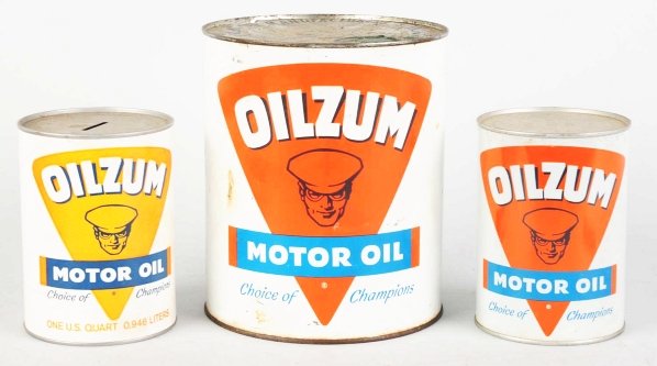 Lot of 3: Oilzum Motor Oil Cans.: One gallon and one quart tins and one cardboard savings bank. Light to medium wear and soiling. Condition (Very Good - Excellent). Size Largest: 7 - 3/4" T.