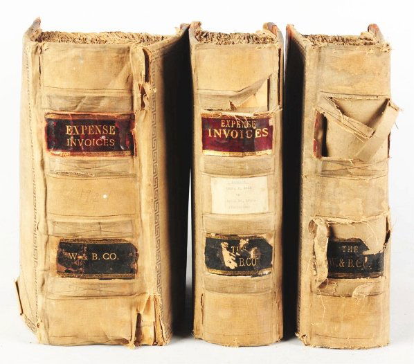 Large Ledger Books of Billhead Receipts.: 1911 to 1914 and 1921. Three books with combined thickness of nearly two feet, just full of hundreds upon hundreds of billhead receipts from periods in title. Many billheads have highly detailed and b