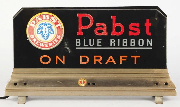 Pabst Blue Ribbon Edgebright Light-Up Sign.: Cord needs to be replaced and color in lettering is partially flaked. Still displays well. Condition (Very Good). Size 17 - 3/4" L.