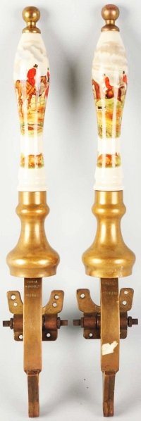 Pair of Porcelain Herring Fox Hunt Beer Taps.: Only light wear. Arms of heavy brass. Condition (Excellent). Size Each: 22 - 1/2" L.