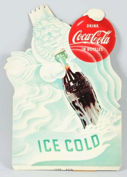 1953 Cardboard Coca-Cola Cutout Easel Back.: Features the "In Bottles" circle. Miniscule edge marks and no wear. Condition (Near Mint). Size 23" T.