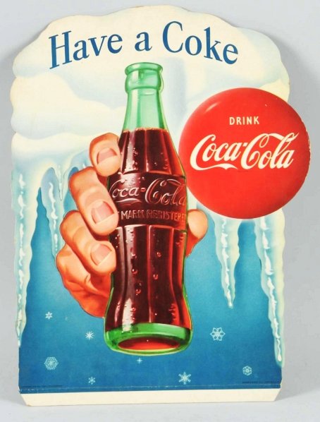 1950 Cardboard Coca-Cola Cutout Easel Back.: Minimal edge wear and faint staining. Light soiling and small lamination ripples. Hand and bottle is cutout and pops forward during display. Condition (Excellent). Size 24" T.