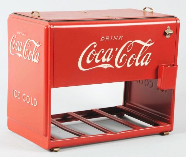 Coca-Cola Salesman Sample Cooler.: 1939. Stunning example with only some small pattern paint flaking on the top lids and on one side of one end panel primarily. Otherwise only miniscule marks or tiniest nicks or issues. Both insulation