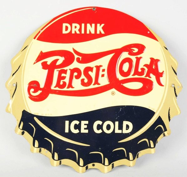 1940s Pepsi-Cola Embossed Tin Bottle Cap Sign.: Shallow crimps with light surface scratches and marks and four neatly drilled larger non-stock mounting holes. Condition (Excellent). Size 13 - 1/4" Dia.
