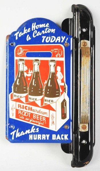 Porcelain Richardson Root Beer Door Pull.: Three piece. 1940s-1950s. Light wear and scratches, mild rust on chrome handle and small paint nicks. Condition (Very Good). Size 12" T.