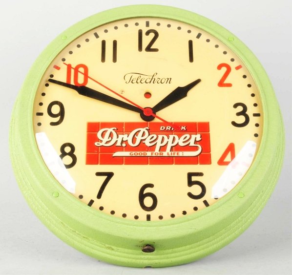 1930s Dr. Pepper Fiberboard & Tin Telechron Clock: Working condition. Good clean example with only minor wear or marks. Condition (Excellent). Size 14 - 1/2" Dia.