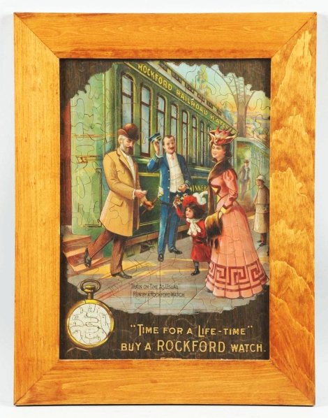 1900-1905 Rare Rockford Watch Puzzle Sign.: Made by U.S. Decal Co. Signs in Chicago. High quality litho, like a Meyercord sign. Great graphics and image. No wear. Condition (Near Mint). Size Framed: 26 - 1/4" x 20".