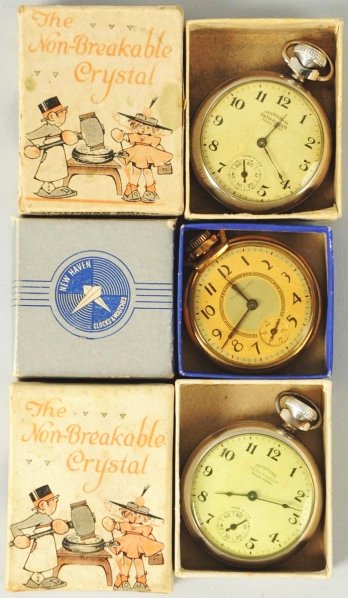 Lot of 3: Vintage New Haven Pocket Watches.: All three in their original boxes. One is over-wound but the other two are working. Two watches are marked "Pathfinder". Various conditions. Condition (Very Good).