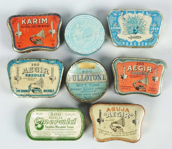 Lot of 8: Record Needle Tins.: Victrolas and the like. Condition (Very Good - Excellent). Size Largest: 2 - 3/4" L.