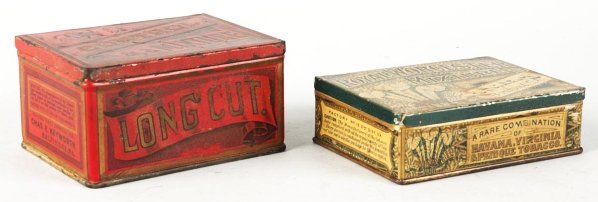 Control & Royal Worcester Corner Tobacco Tins.: Moderate wear on both. Condition (Very Good). Size Each: 4 - 1/2" L.
