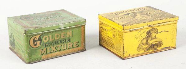 Golden & Virginity Square Corner Tobacco Tins.: Moderate to average wear on both. Advanced crazing and some flaking on Virginity tin. Condition (Very Good). Size Each: 4 - 1/2" L.