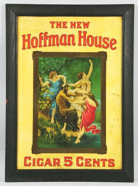 Hoffman House Cigar Cardboard Sign.: Original frame. Circa 1905 with great graphics. Small chip on frame edge with light to medium soiling and small marks on the sign. Condition (Very Good). Size Framed: 29 - 1/2" x 21 - 1/2".