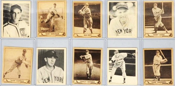 Lot of 10: 1939 & 1940 Play Ball Baseball Cards.: Includes HOFrs Carl Hubbell, Bobby Doerr, and Hank Greenberg. Some creasing and wear. Condition (Very Good).
