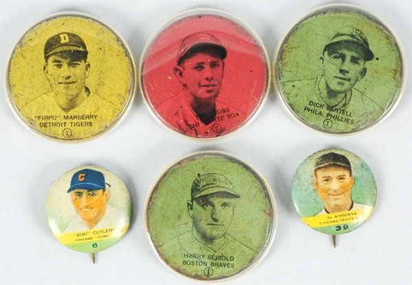 Lot of 6: Vintage Baseball Pins & Coins.: Includes 1932 Orbit Gum HOFer Al Simmons and Kiki Cuyler. Also includes four 1933 Double Header gum coins includes Marberry, Bartell, Lyns, and Seibold. Some oxidation and wear on inside of two metal 