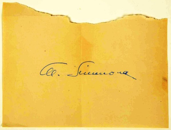 Vintage Baseball Autograph of HOFer Al Simmons.: Signature is on a piece of paper that has been folded. Al Simmons was a mainstay outfielder, mostly for the Philadelphia Athletics, and had over 2900 hits, 300 home runs, and 1800 runs batted in. This
