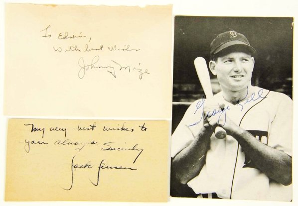 Lot of 3: Baseball Autographs.: Includes a photograph of HOFer George Kell, HOFer Johnny Mize on a piece of paper, and Jackie Jensen on a piece of cardboard. The Kell photo shows him in his Detroit Tigers uniform and is in the form 