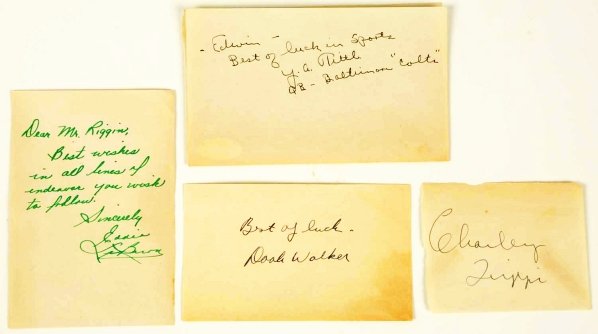 Lot of 4: Professional Football Player Autographs: All signatures are on pieces of paper. Includes HOF quarterback Y.A. Tittle along with "QB Baltimore Colts", quarterback Eddie Lebaron, HOF halfback Doak Walker, and HOF halfback Charley Trippi (playe