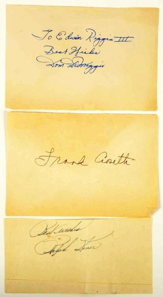 Lot of 3: Vintage Baseball Autographs.: All on paper. Includes HOFer Ralph Kiner, Dom DiMaggio (The Little Professor), and Frank Crosetti. The Kiner autograph comes with a return envelope marked "The Autograph of Ralph Kiner" in type. All w