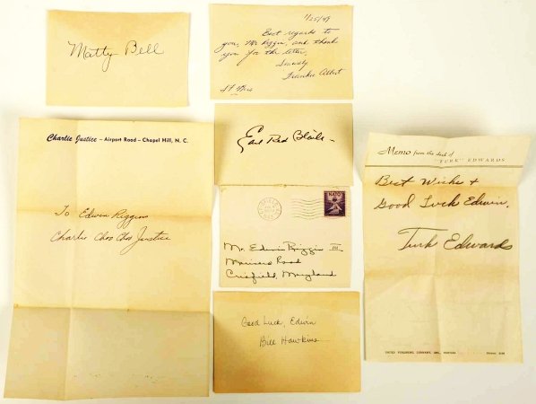 Lot of 6: Vintage Football Player Autographs.: Includes two on player's stationary. Includes Turk Edwards, Frankie Albert, Matty Bell, Bill Hawkins, Charlie "Choo Choo" Justice, and Earl Red Blaike. All with COAs from JSA. Condition (Very Good - E