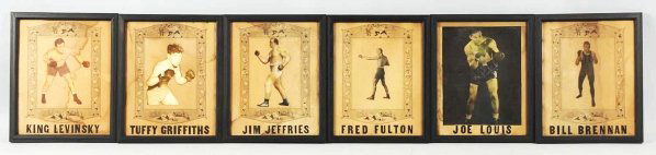 Lot of 12: Framed Boxer Cutout Photographs.: Heavy weight figures include Joe Louis, Jim Jeffries "The Great White Hope", and Jack Johnson. Various conditions, some staining and restoration throughout. Condition (Very Good). Size Each framed: 15